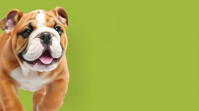 Happy english bulldog puppy running on green background