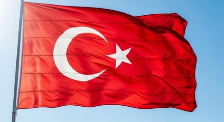 Obraz premium Turkish Flag Waving Proudly Against a Clear Blue Sky on a Sunny Day