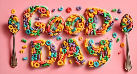 Colorful cereal forming good day on pink background