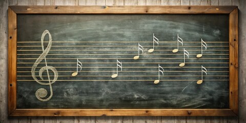 A Rustic Wooden Framed Chalkboard Displays Musical Notes and a Treble Clef