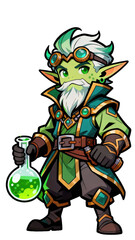 Chibi style fantasy creature alchemist holding bubbling potion in flask