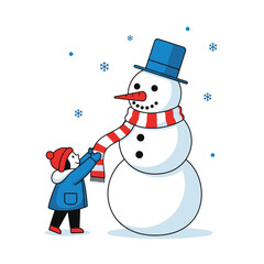 A small child building a large friendly snowman in winter.