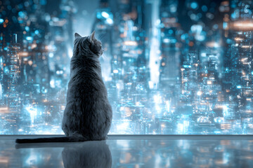 futuristic cat gazing over holographic city skyline in glowing neon light symbolizing corporate vision