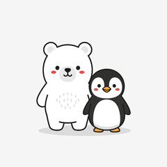 Adorable Polar Bear and Penguin Cartoon Illustration - A Heartwarming Friendship.