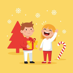 Boy giving a gift to a happy girl during the Christmas season.