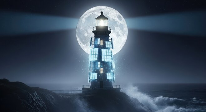 A lighthouse standing on a rocky cliff overlooking the ocean under a full moon.
