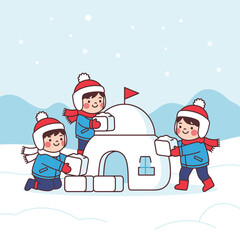 Fototapeta premium Children Building an Igloo in Winter Snow.