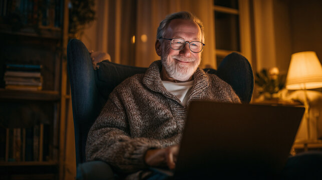 Happy and relaxed senior man with glasses sitting in an armchair, using a laptop in a dimly lit, cozy living room, showing digital engagement in later life.