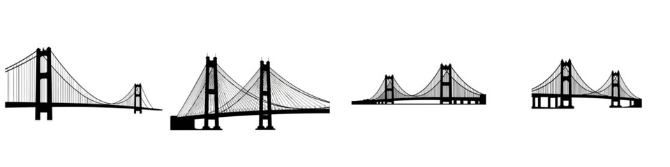 Obraz premium Four different illustrations of suspension bridges, showcasing architectural designs and structural variations.
