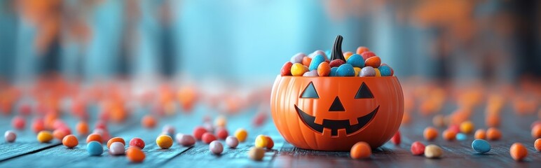 Plastic pumpkin bucket filled with colorful candies sits on a wooden table surrounded by scattered treats, ready for Halloween.