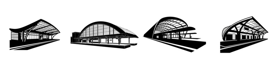 Obraz premium Set of four stylized black and white illustrations showcasing different architectural designs for railway station platforms and their distinctive roofs.