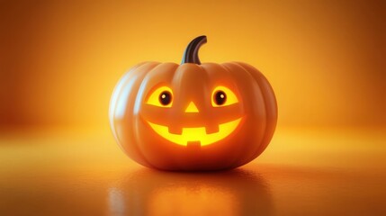 Classic Halloween pumpkin with glowing face carved into a jack-o'-lantern, sitting against a warm orange background.