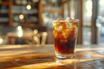 A cold glass of soda with ice cubes sits on a wooden table inside a sunlit caf&eacute;, capturing refreshment and relaxation.