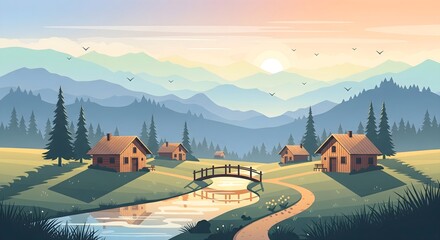Pixel Art Mountain Village Landscape at Sunset with Rustic Cabins, River, and Bridge - Idyllic Nature Scenery