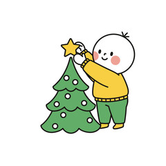 Cute cartoon child decorating Christmas tree with star.