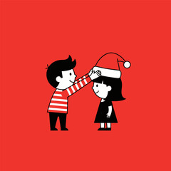 Cute cartoon boy puts a festive Santa hat on a girl.
