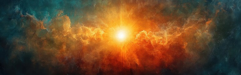 Radiant explosion of orange and yellow light in a nebula-like cloud set against dark blue space, symbolizing creation or cosmic energy.