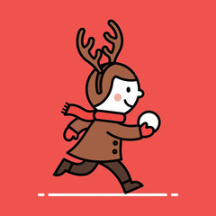 Cute cartoon child dressed as a reindeer running with a snowball.