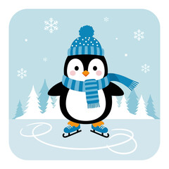 Cute cartoon penguin wearing a blue winter hat and scarf.