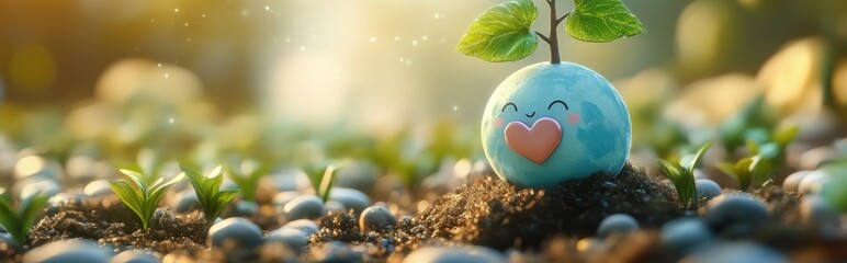 Adorable cartoon earth with a smiling face and heart sprouts a plant from its head, symbolizing growth and environmental care.