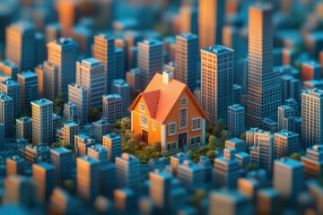 An orange suburban house stands out amid a dense urban city of blue skyscrapers, symbolizing individuality and contrast.