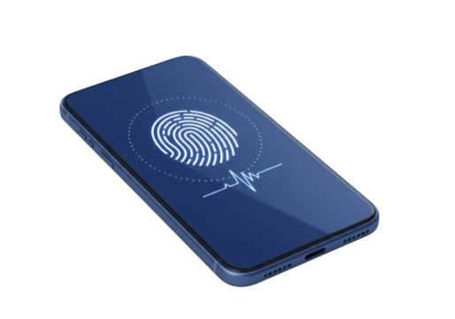 Isolated mobile phone with fingerprint and heartbeat on screen for security purposes