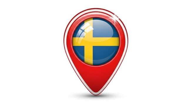 Glossy Red Map Pointer Icon with Sweden Flag on White Background