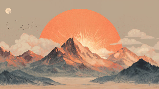 Line art sketch of sun rays behind a mountain modern illustration nature landscape concept sunrise commercial use royalty free stock photo generated ai