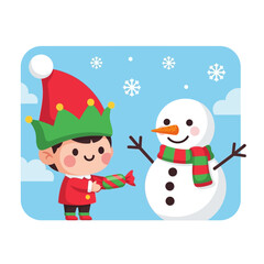Cute Christmas Elf Giving Candy to a Friendly Snowman.
