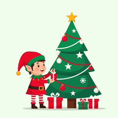 Cute Christmas elf character decorating a festive tree with ornaments.
