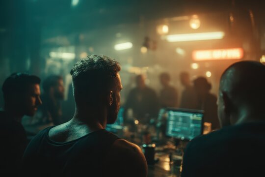 Men focused intently on a laptop screen in a dark, atmospheric bar scene.