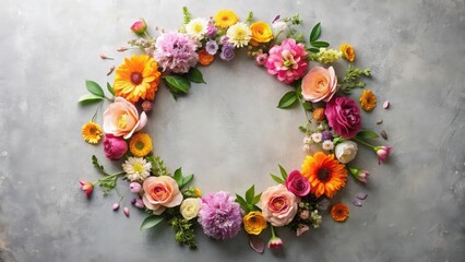 A vibrant circular arrangement of diverse blossoms, featuring roses, gerbera daisies, and other assorted flowers, creating a lovely floral frame on a textured background