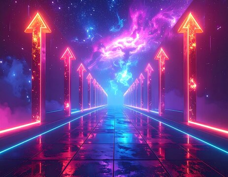 Neon glowing upward arrows in a space-like tunnel