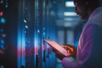 Professional IT Technician Working with Tablet in a Secure Server Room
