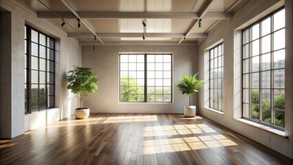 Fototapeta premium Sunlit Modern Interior Space with Hardwood Floors and Large Windows