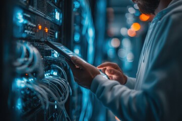 IT professional using a tablet to manage servers in a modern data center environment.
