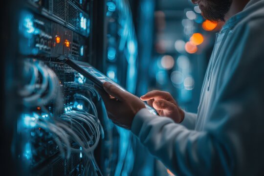 IT professional using a tablet to manage servers in a modern data center environment.