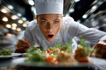 Amazed chef inspecting gourmet dish in kitchen