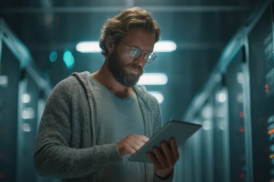 Man with tablet managing data center operations, network infrastructure.