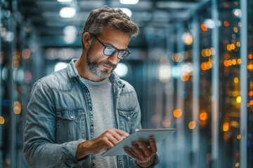 Focused engineer using a digital tablet for server management in a data center.