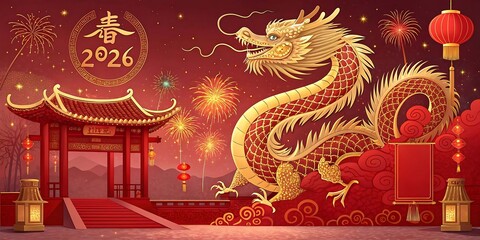 Fototapeta premium Golden dragon with Chinese traditional architecture, fireworks, and lanterns celebrating the Chinese new year of the dragon 2026.