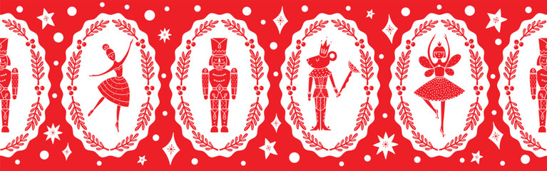 Nutcracker. Red Christmas seamless gorizontal border. Christmas motifs. 