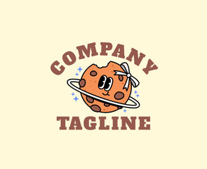 Logo vector mascot cartoon cute planet cookie mascot logo vector illustration for bakery branding, space-themed logo, kids food product identity, or fun snack packaging