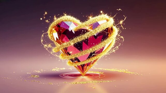 A dazzling, multifaceted crystal heart radiating warmth and sparkle, symbolizing love, passion, and precious emotions with a golden glow 4k video