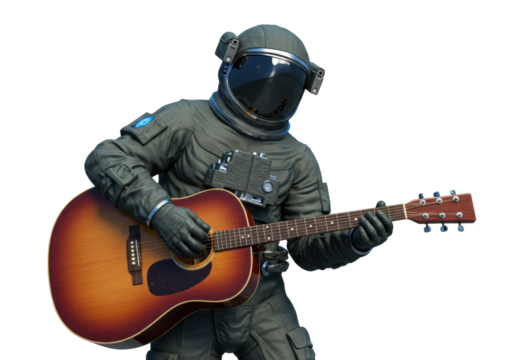 Isolated Astronaut in spacesuit playing guitar composing rock-ballad music in outer-space