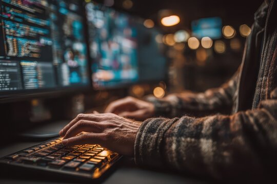 Developer's hands typing on a backlit keyboard with code on multiple monitors in a dark room.