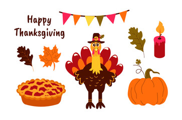 Thanksgiving Day. Elements of a traditional harvest festival. Flat style on a white background. Vector. Isolated