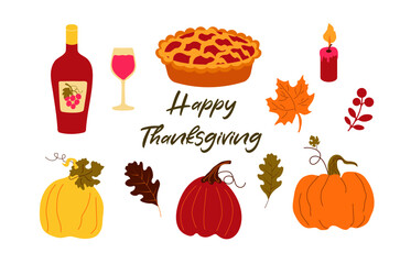 Thanksgiving Day. Elements of a traditional harvest festival. Flat style on a white background. Vector. Isolated