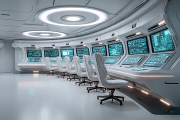 Fototapeta premium Futuristic command center, high-tech workstations, glowing screens.