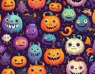 Whimsical Halloween-themed cartoon characters on a dark background